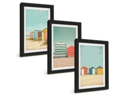 Composição De Quadroscasas Coloridas, Praia, Sol Moldura Preta Imagens Para Um Quarto Infantil Espelharte (3 Peças 20x30 Cm)