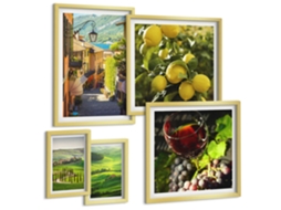 Composição De Quadros Flores Vintage, Vinho, Violino Moldura Dourada Quadros Para A Sala De Estar Espelharte (conjunto De 5 Imagens)