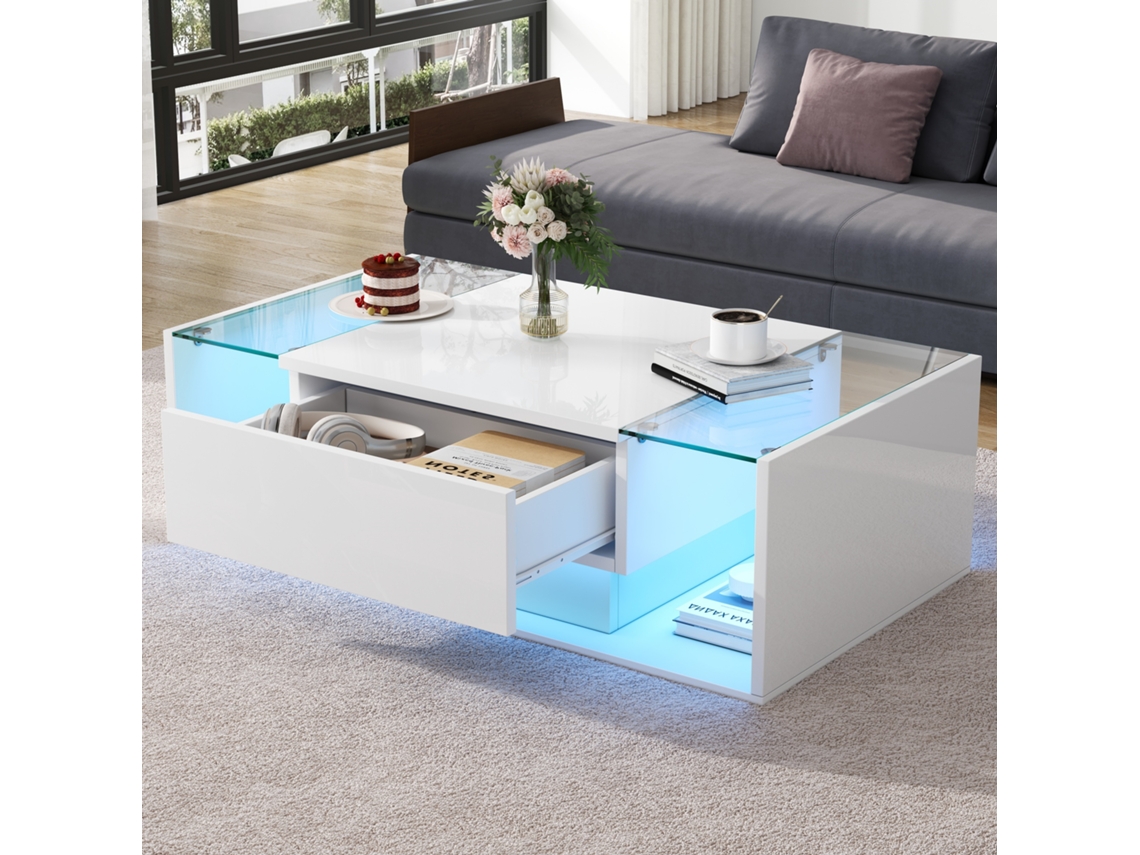 Mesa Centro 100x50x31cm 1 Gaveta Led Vidro Branca