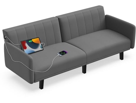 Sofá-cama futon conversível com 3 portas de carregamento USB, sofá-cama de corrida com braços removíveis (3 lugares, tecido de linho cinza, 170x75x78 cm)