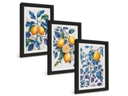 Pinturas Murais Modernaslimões, Galhos, Folhas Azuis Moldura Preta Fotos Para O Corredor Espelharte (3 Peças 20x30 Cm)