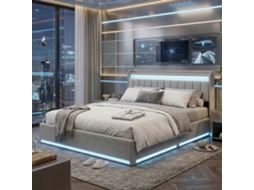 Cama de Casal Hidráulica em Veludo com Led Rgb, Arrumação na Cabeceira e Entradas Usb/tipo c, Cinza, 160x200 Cm LAZYSPACE