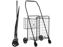 Carrinho de Compras, Dobrável, com Duas Cestas, Revestimento e Rodas Impermeáveis, Capacidade Carga 45,3 Kg, 64 + 10 L, Ideal para Lavanderia,