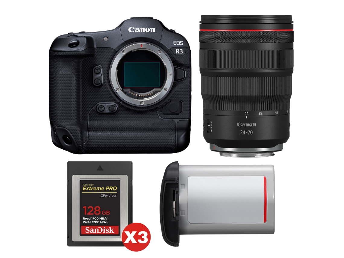 Eos R3 + Rf 24 70mm F/2.8 L Is Usm + 3 Sandisk 128gb Extreme Pro Cfexpress Type B + Canon Lp e19 + Ebook “20 Dicas para Fotos Que Impressionam” CANON