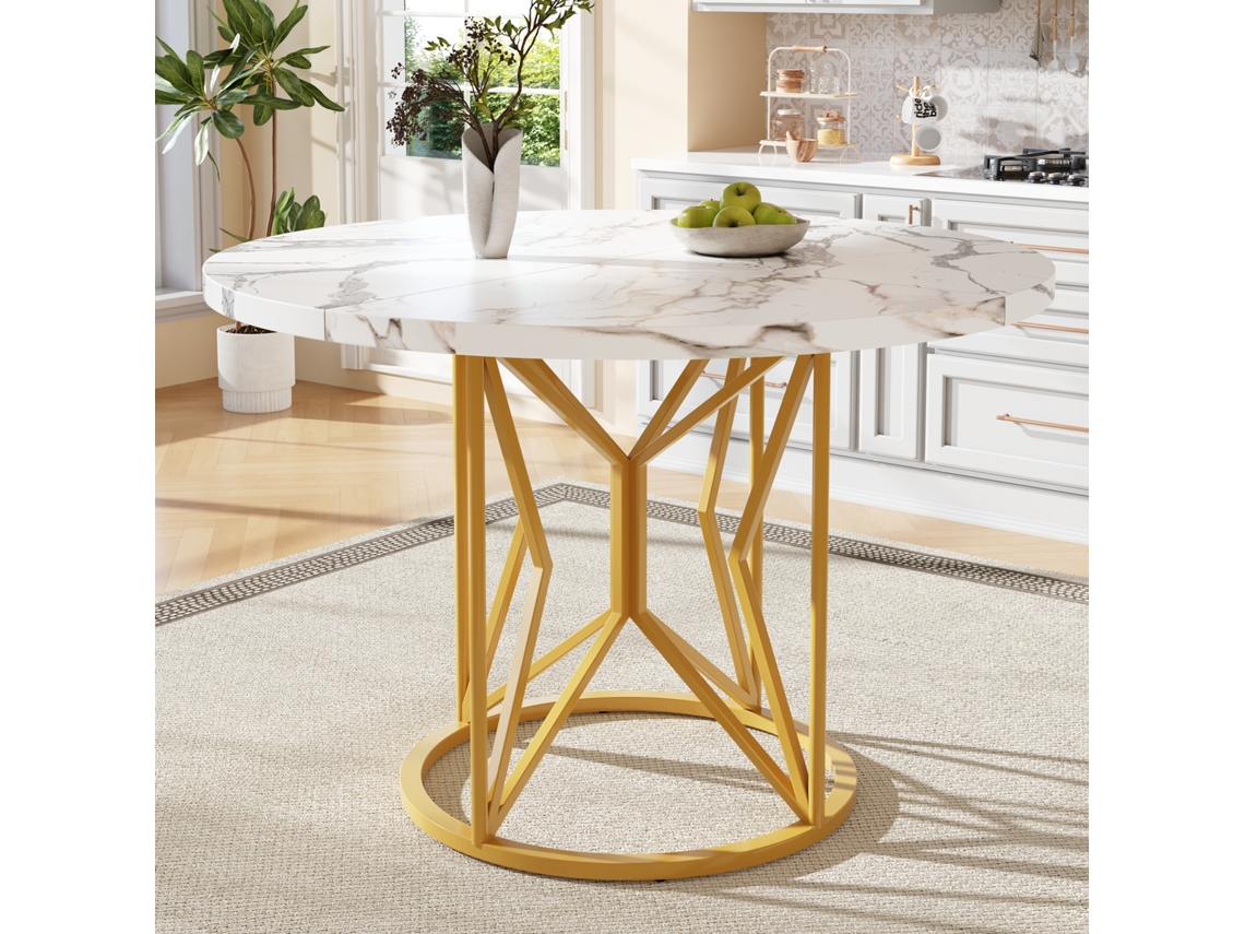Mesa de jantar redonda para 4 a 6 pessoas com base geométrica em metal e tampo em MDF marmorizado (100x100x76cm)