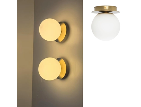 Aplique De Parede Aria Estilo Moderno Com Disco De Metal Dourado E Esfera De Vidro Branco Opalino, E27 Alpinaluz
