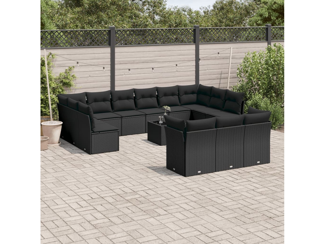 Vidaxl 14 Pcs Conjunto De Sofás P/ Jardim C/ Almofadões Vime Pe Preto