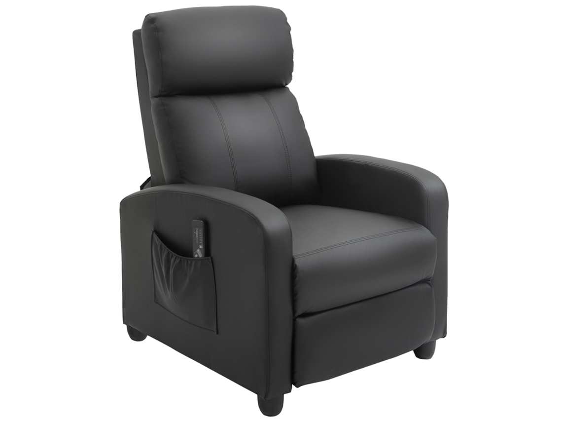 Poltrona De Preto Massagem Reclinável Com Bolso Lateral Controlado Remotamente E Temporizador, Estofada Em Pu 68x88x98 Cm
