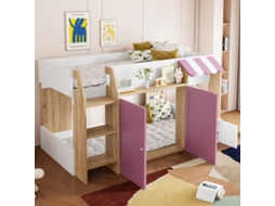 Cama Casinha Infantil 90x200 Cm Madeira Maciça Com Arrumação Aberta, Escada, Estilo Mezanino E Acabamento Branco/rosa