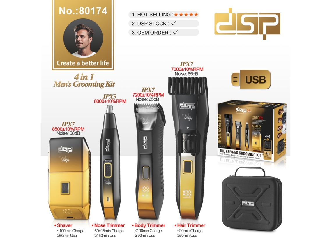 Máquina de cortar cabelo elétrica recarregável com visor digital LED e afiador.