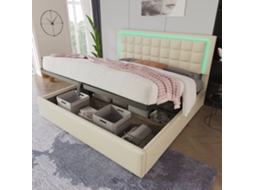 Cama Box 140x200cm Branca Com Prateleira Armazenamento Led Couro Artificial