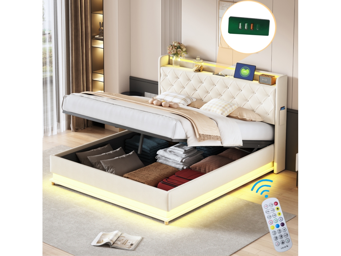 Cama Estofada Led 160x200cm Usb Suspensão Hidráulica Bege VELTRIX