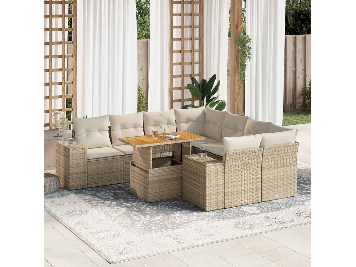 Vidaxl 9 Pcs Conjunto De Sofás P/ Jardim Com Almofadões Vime Pe Bege