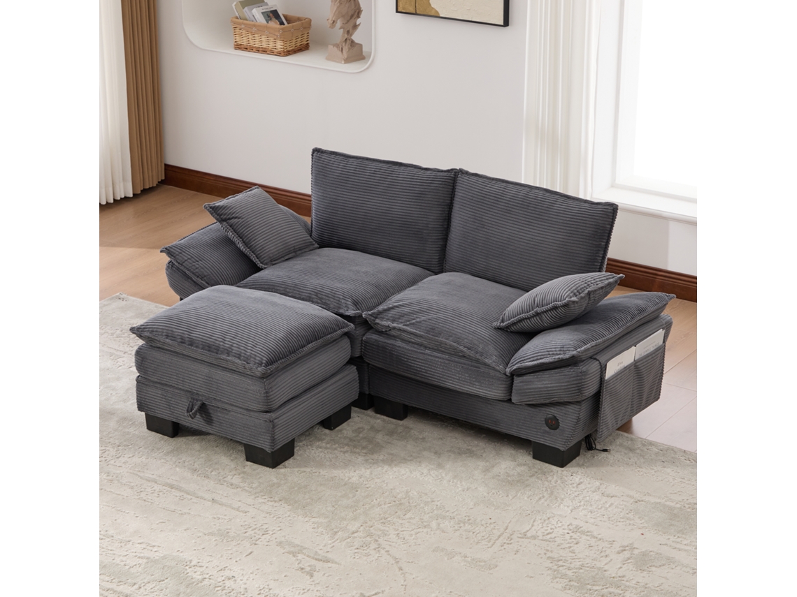 Sofá 2 Lugares C/ Pufe, Assento Amplo, Design Ergonômico, Espuma Alta Densidade, Usb-c E Bolsos. Ideal Para Sala, Escritório Ou Lounge. Cinza Escuro.