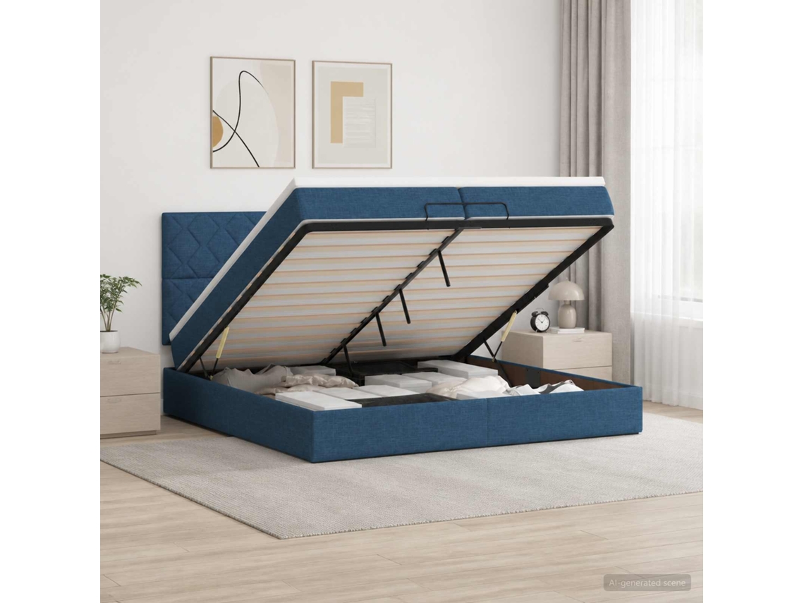 Vidaxl Cama Ottoman Com Colchão Com Cabeceira Azul 200 X 200 Cm Tecido