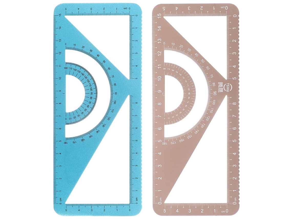 Régua triangular de metal, 2 peças, para desenho e medição de medicamentos.