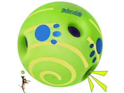 Bola para cães de 14 cm (2026) com apito e listras verdes, brinquedo interativo seguro e durável.