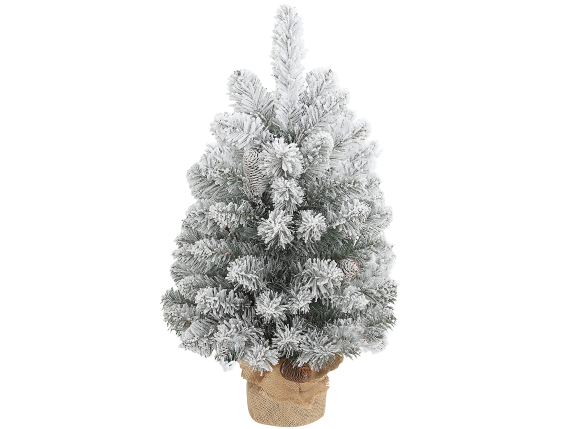 Mini Árvore de Natal Artificial de 60cm com Neve, 72 Pontas, 6 Pinhas e Base de Cimento