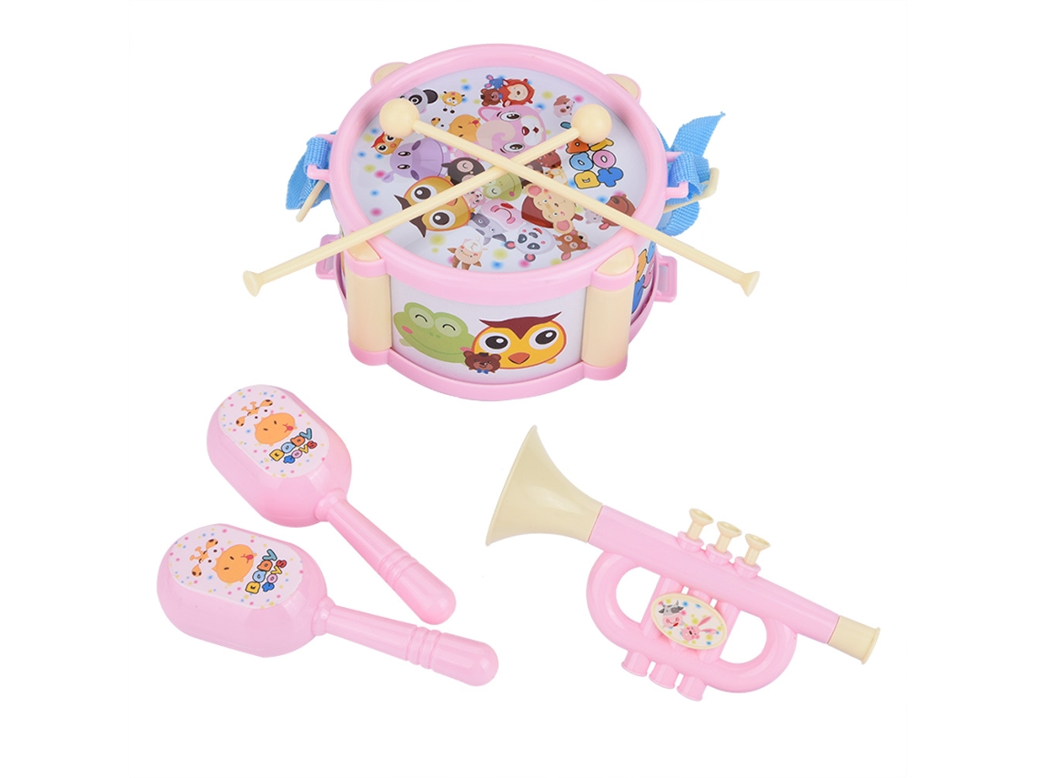 Mali conjunto de Instrumentos Musicais para Crianças com Tambor, Trompete e Maracas Brinquedo Educativo Rosa