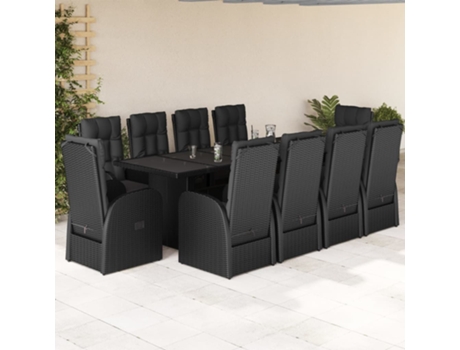 11 Pcs Conjunto de Jantar P/ Jardim com Almofadas Vime Pe Preto COMFORTXL