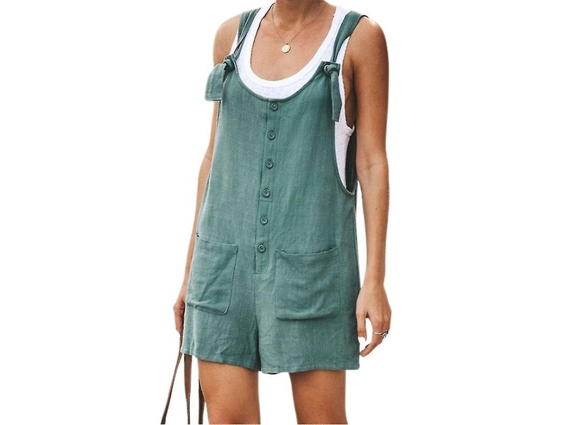 Macacão Curto para Mulheres Plus Size com Bolsa, Gola Careca e Botões, Macacão Casual de Cor Solida 4xl Cor Menta