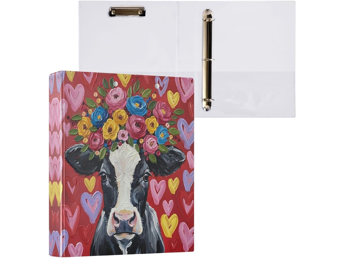 Pasta de 3 Argolas para Tamanho Carta , Pintura a Óleo uma Vaca Redonda e Fofa com Prancheta, (27,9 X 21,6 Cm)