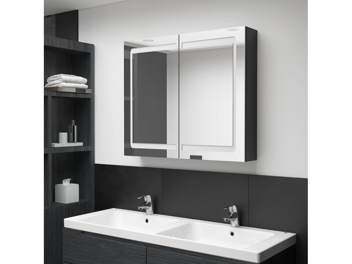 Vidaxl Armário Espelhado Casa De Banho Led 80x12x68 Cm Preto Brilhante