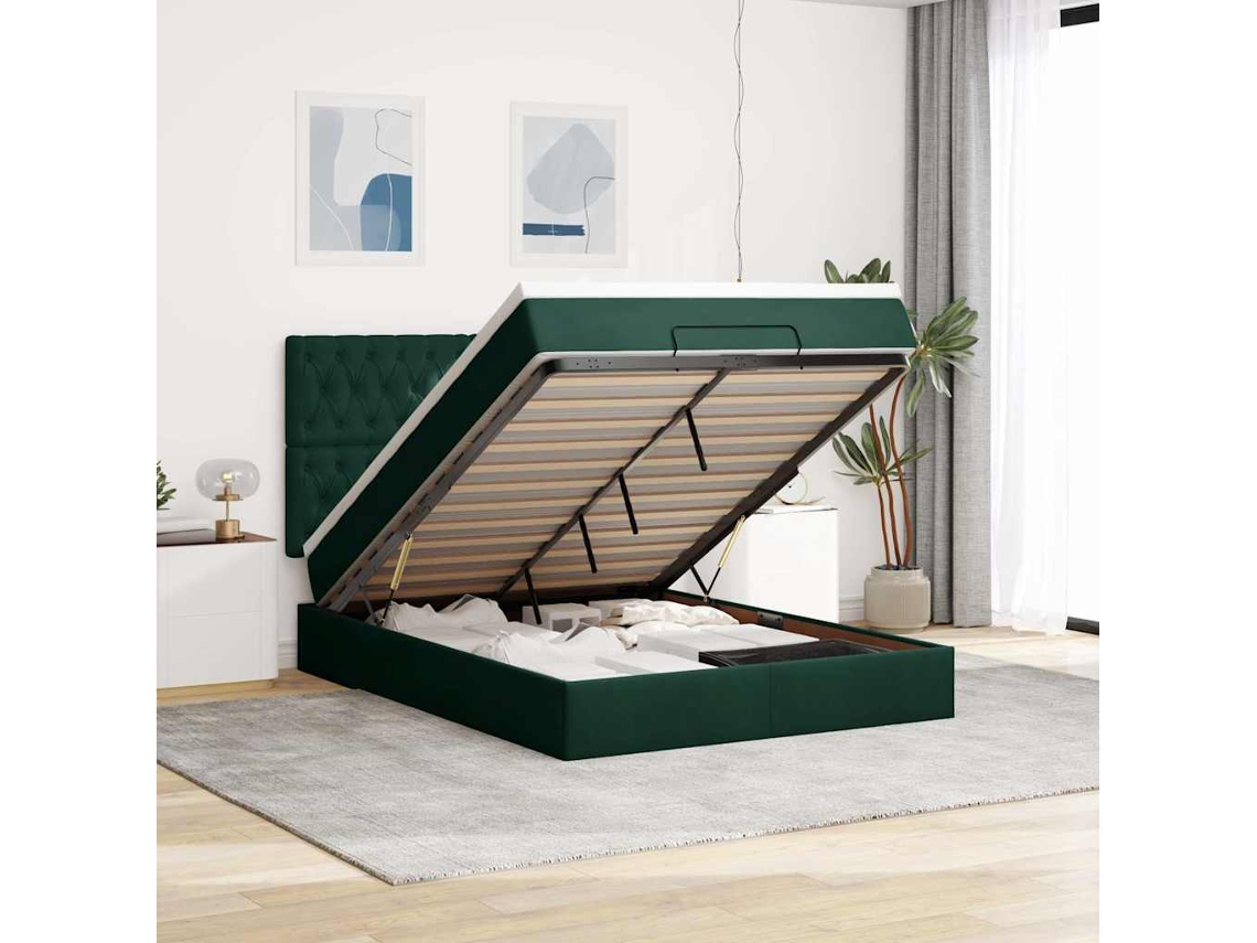 Vidaxl Estrutura Cama Otomana Colchões 140x200 Cm Veludo Verde Escuro