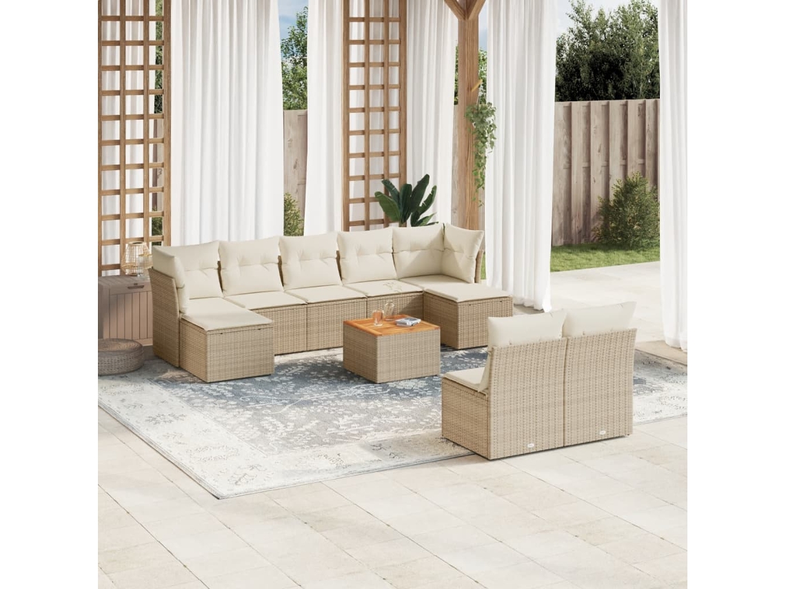 Vidaxl 10 Pcs Conjunto De Sofás P/ Jardim Com Almofadões Vime Pe Bege