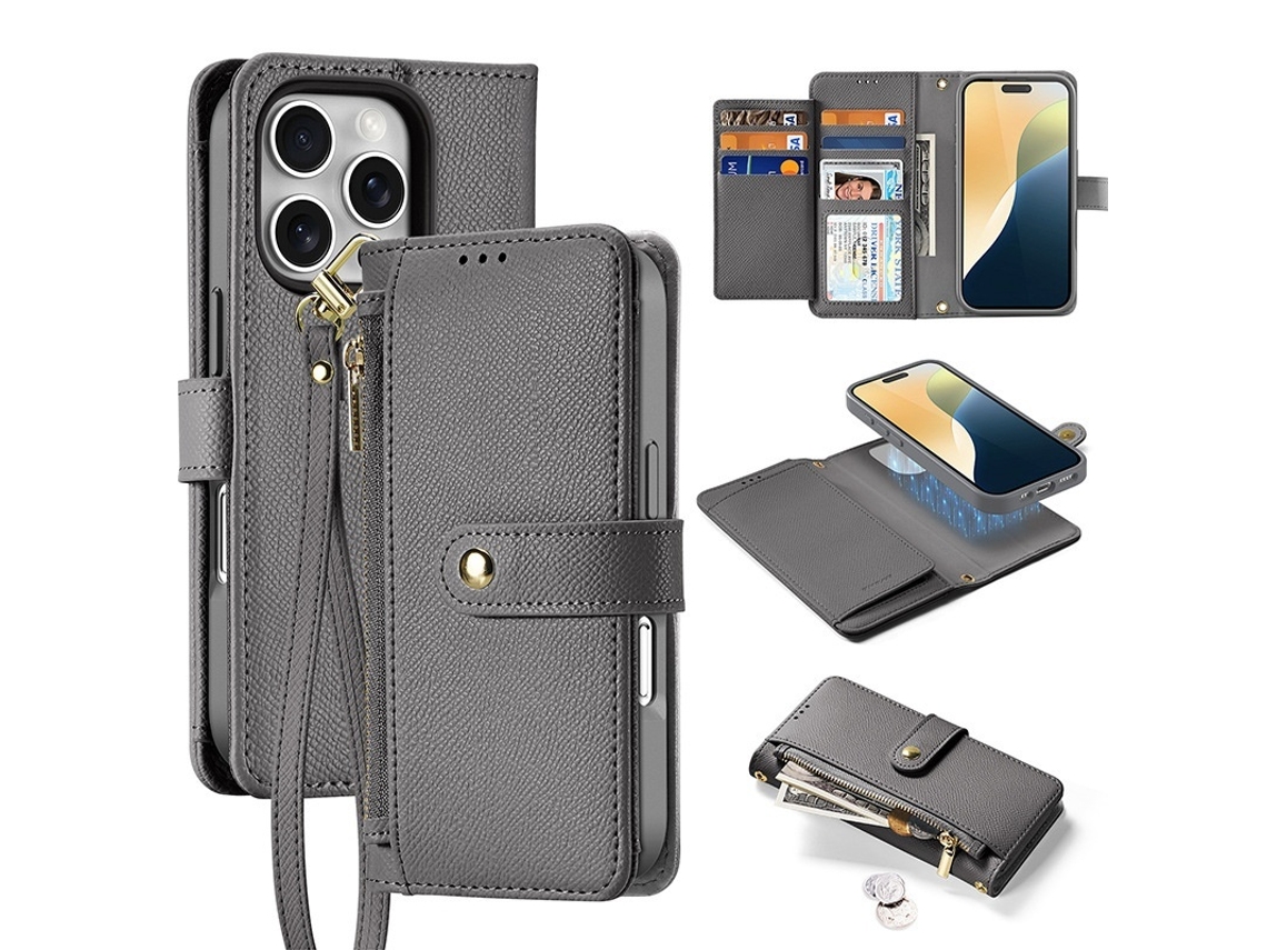 Lurelia Capa Carteira Para Iphone 15pro, Magnética, Cinzento