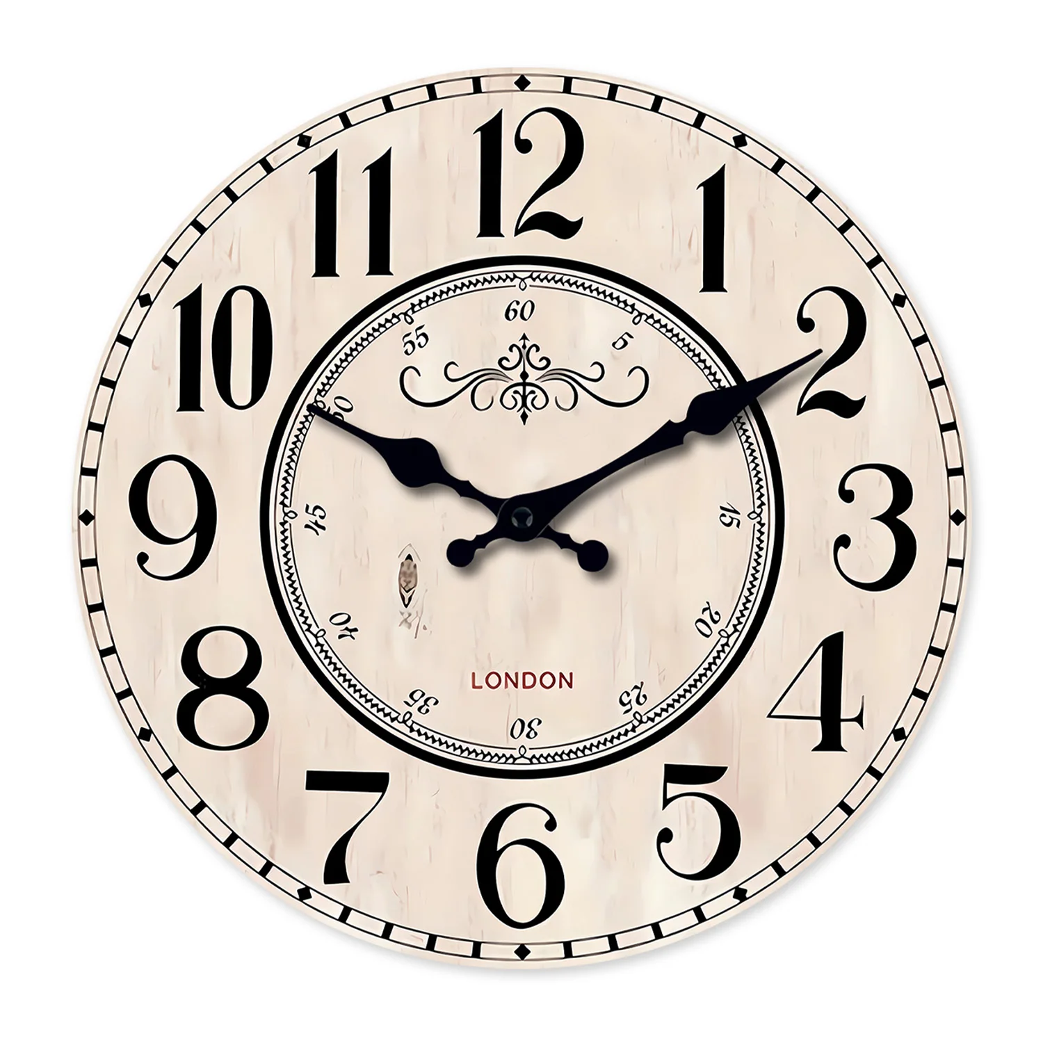 Relógio De Parede Francês Vintage (35,5 Cm) Com Padrão De Numerais Arábicos De Londres, Em Madeira, Com Mecanismo De Quartzo Silencioso.