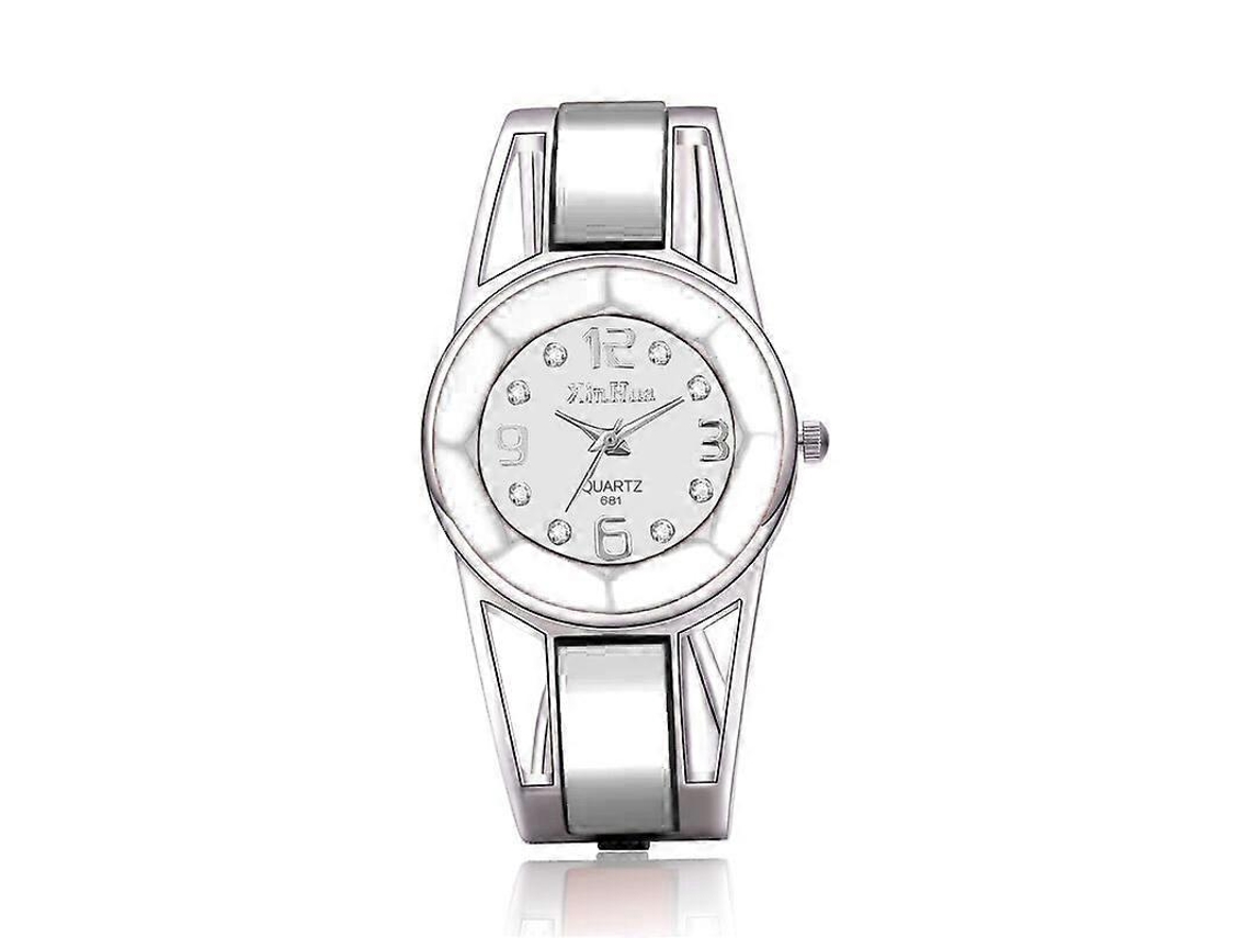 Relógio de quartzo feminino Xinhua com superfície espelhada e pulseira de aço inoxidável vazada com diamantes Hengrongshen