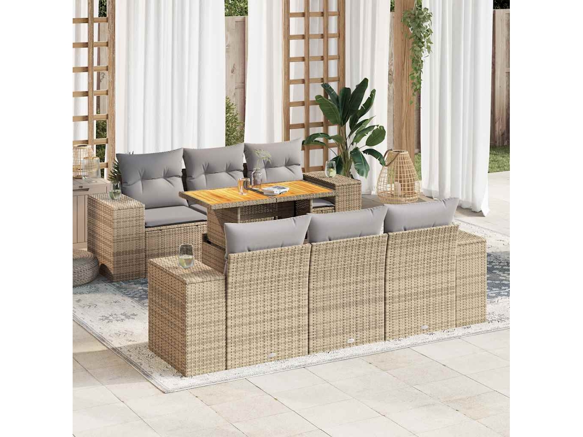Vidaxl 7 Pcs Conjunto De Sofás P/ Jardim Com Almofadões Vime Pe Bege