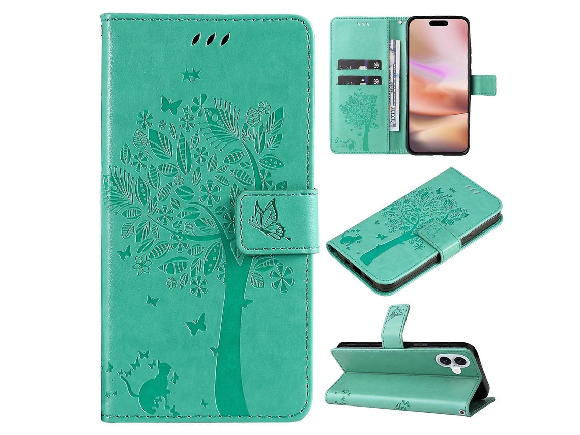 Capa De Celular De Couro Com Padrão De Árvore E Gato Em Relevo