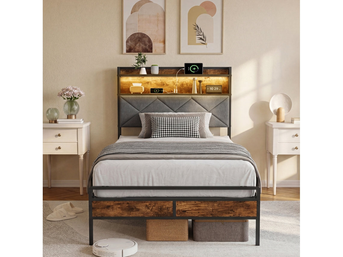 Cama Baú YCONE 140x200cm em Veludo com Led e Espaço de Armazenamento