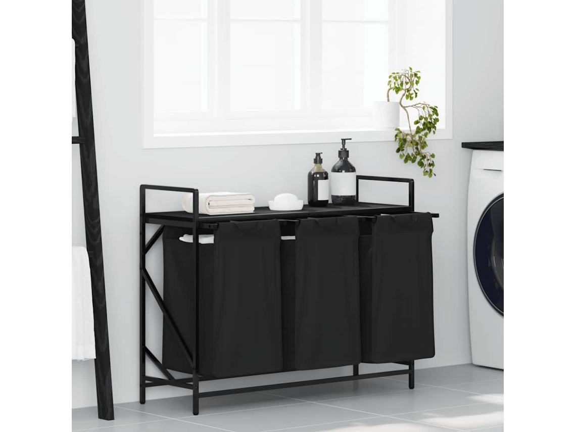 Cesto De Roupa Suja Com 3 Compartimentos E Prateleira, Em Carvalho Preto, Para Organizar E Guardar Roupa Suja De Forma Prática