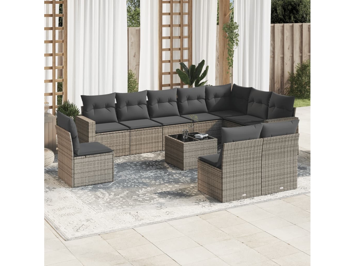 11 Pcs Conjunto Sofás De Jardim C/ Almofadões Vime Pe Cinza Dkd Home Decor
