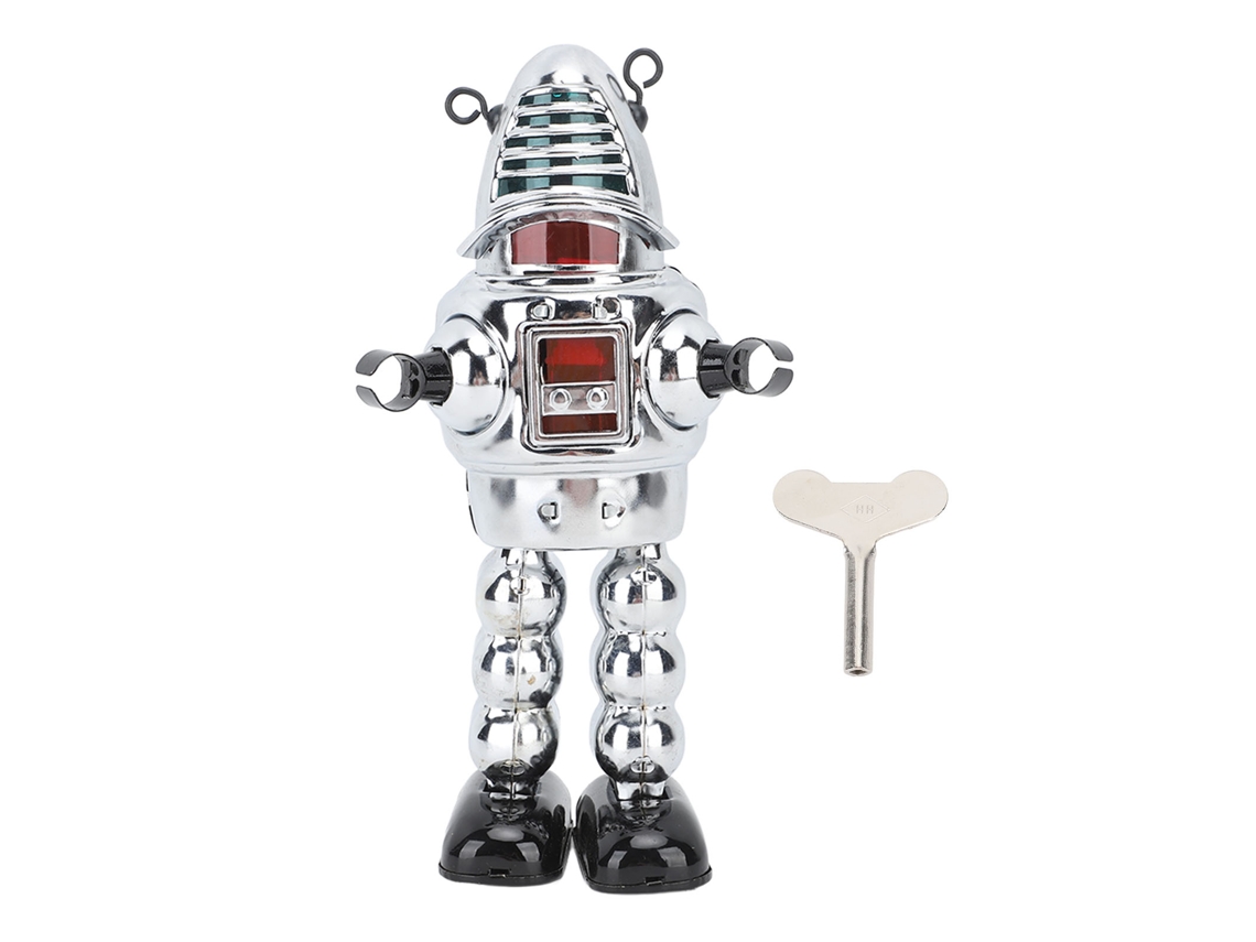 Robô de esgrima de metal com relógio, figura de adulto que anda, para colecionadores, presente para aniversários festivos, prata.