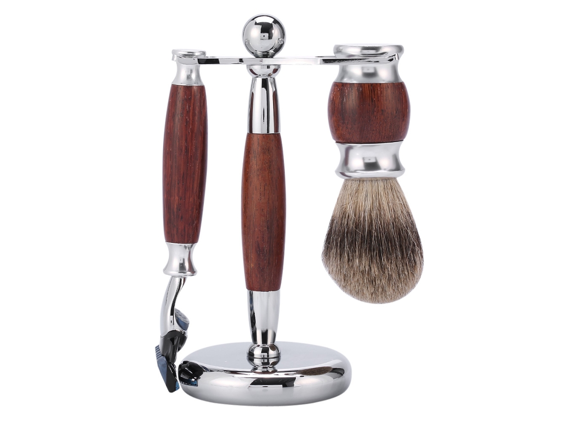 Kit De Barbear Masculino Com Pincel De Madeira E Navalha Segura E Suporte