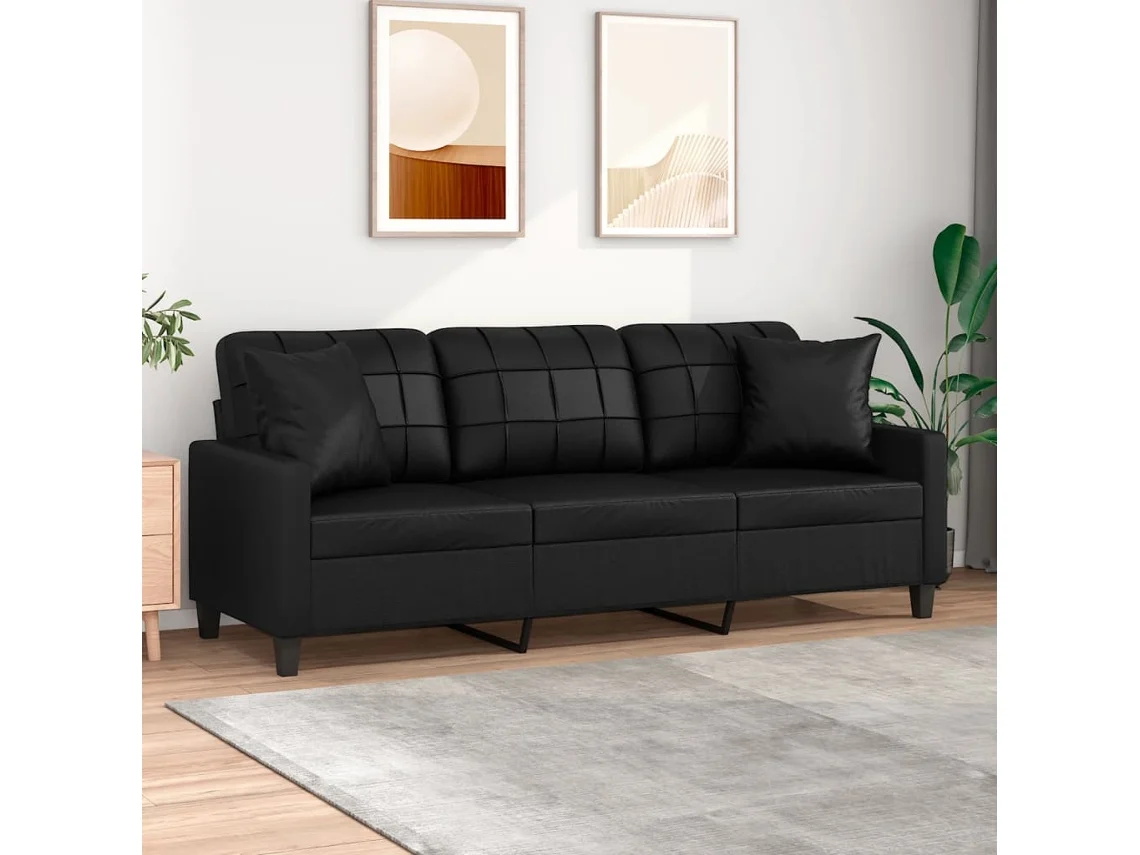Sofá 3 Lugares Almofadas Decoração 180 Cm Couro Artif. Preto Lovely Home