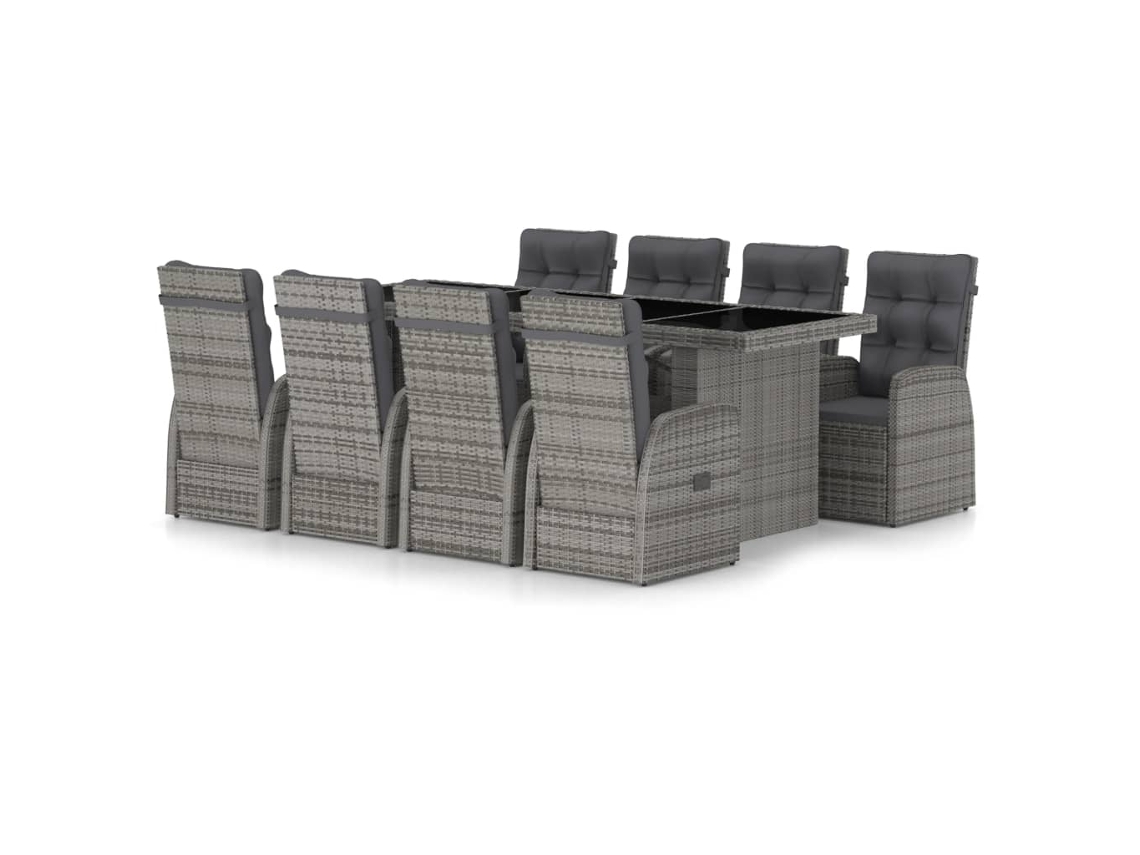 Maison Exclusive - 9 Pcs Conjunto Jantar Exterior C/ Almofadões Vime Pe Cinzento