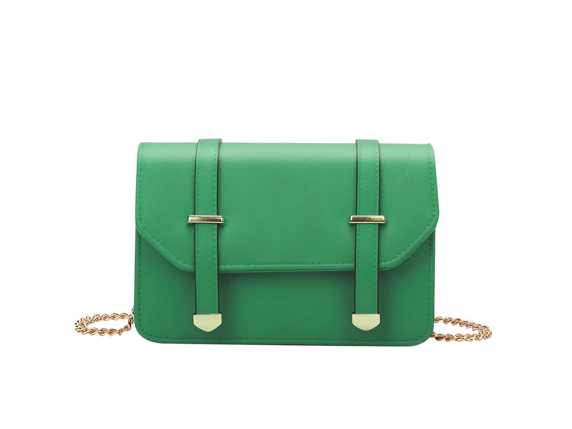 Bolsa De Ombro Feminina Com Corrente Dourada E Aba Com Fivelas Decorativas