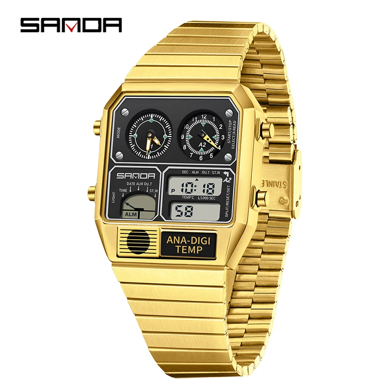 Relógio Digital Led Masculino para Atividades Ao Ar Livre , Mostrador Quadrado Multifuncional, À Prova D'água. MDUG (dourado e Branco)