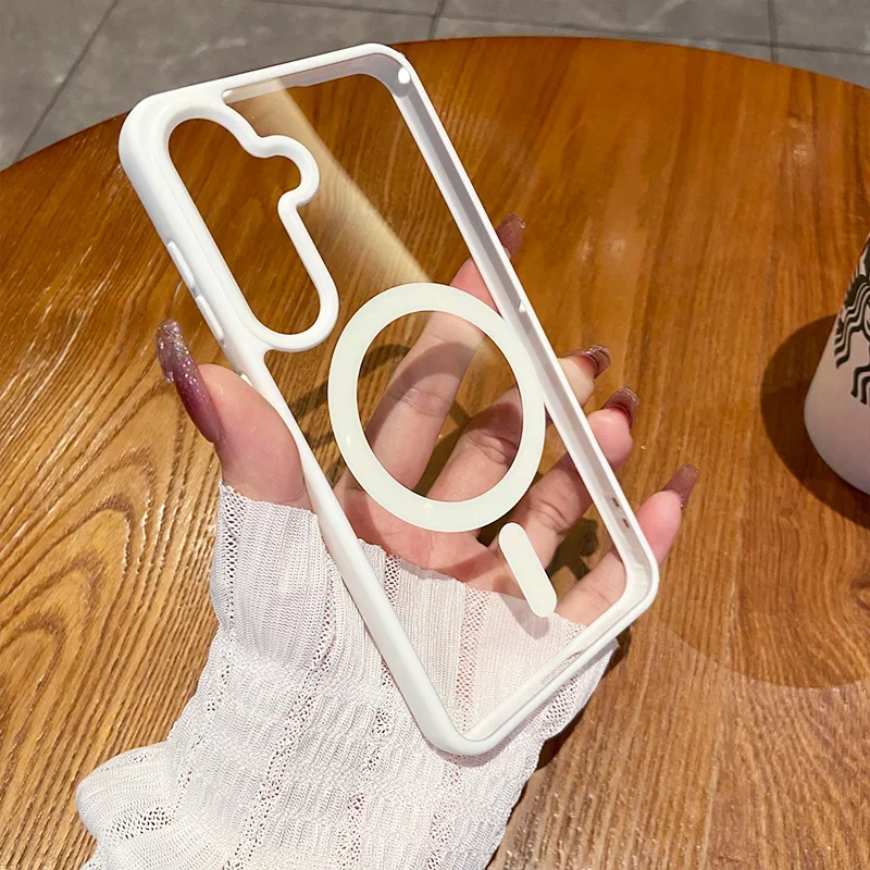 (branco S23 Ultra) Capa Protetora Para Carregamento Sem Fio Magsafe Com Moldura Magnética Transparente À Prova De Choque