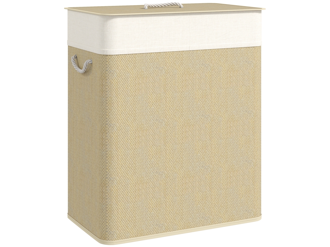 Cesto de Roupa com Tampa 100l de Bambu com 2 Compartimentos Bolsa Interior Amóvivel 52x32x63 Cm Bege e Creme Ge