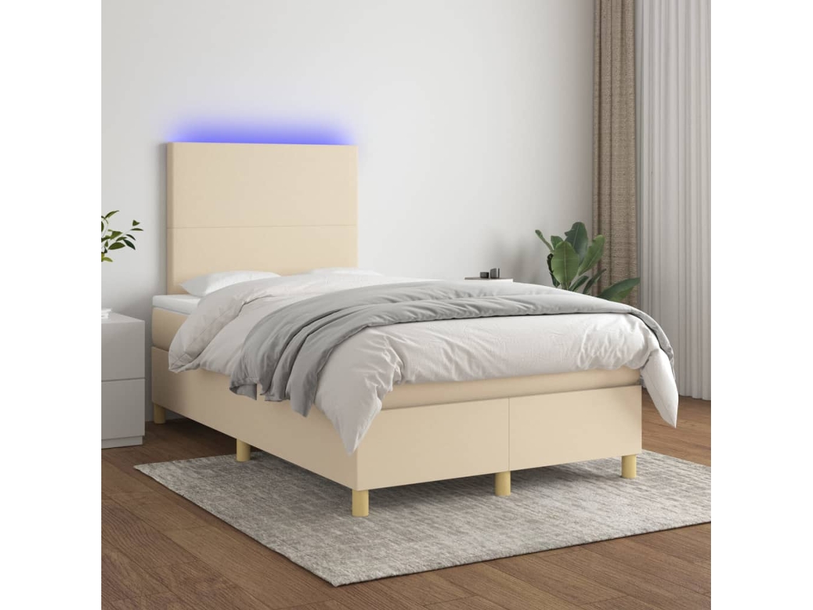 Vidaxl Cama Box Spring C/ Colchão E Led 120x200 Cm Tecido Cor Creme