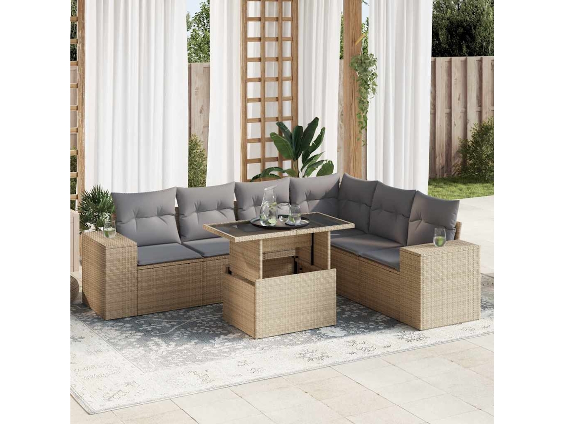 Vidaxl 7 Pcs Conjunto De Sofás P/ Jardim Com Almofadões Vime Pe Bege