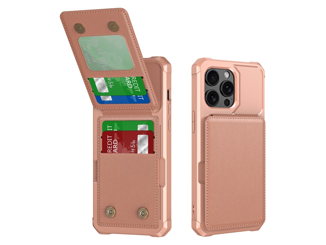 Suporte Casa Ouro Para Iphone 15 Pro Pele Sintética Com Porta-cartões Rosa