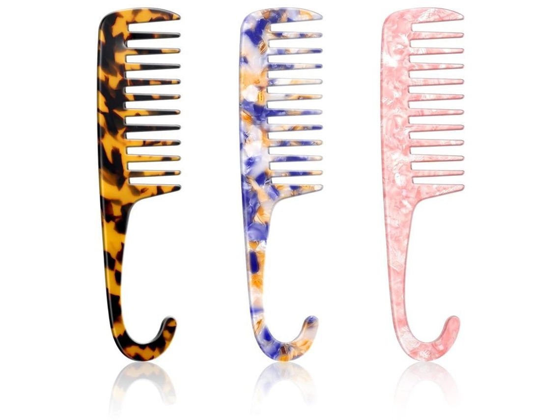 3 Pentes De Dentes Largos Com Gancho Para Ducha Desenredador Pente De Cabelo Acetato Reutilizável