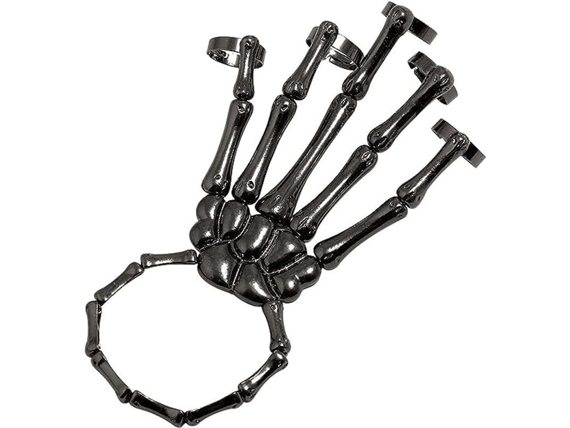Pulseira Punk Mão de Ossos com Anéis de Dedo de Caveira para Homens e Mulheres Cosplay de Halloween